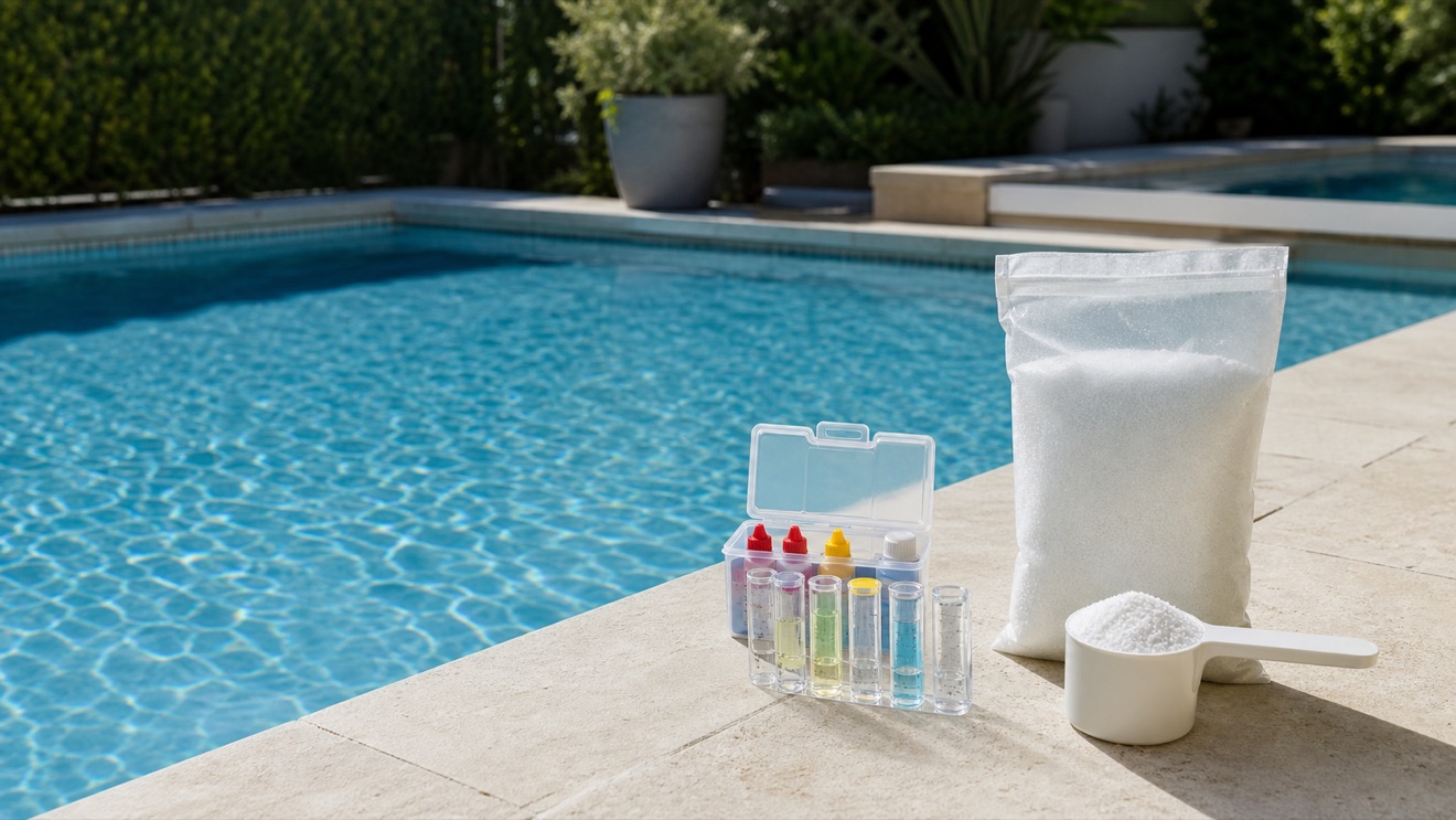 Pool salt and test kit beside clean swimming pool water
